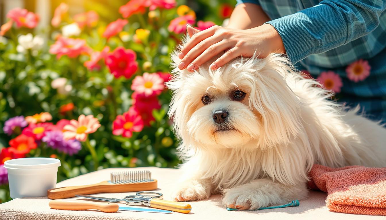 Ein flauschiger Hund, der im Freien gepflegt wird, umgeben von Pflegegeräten und bunten Blumen.