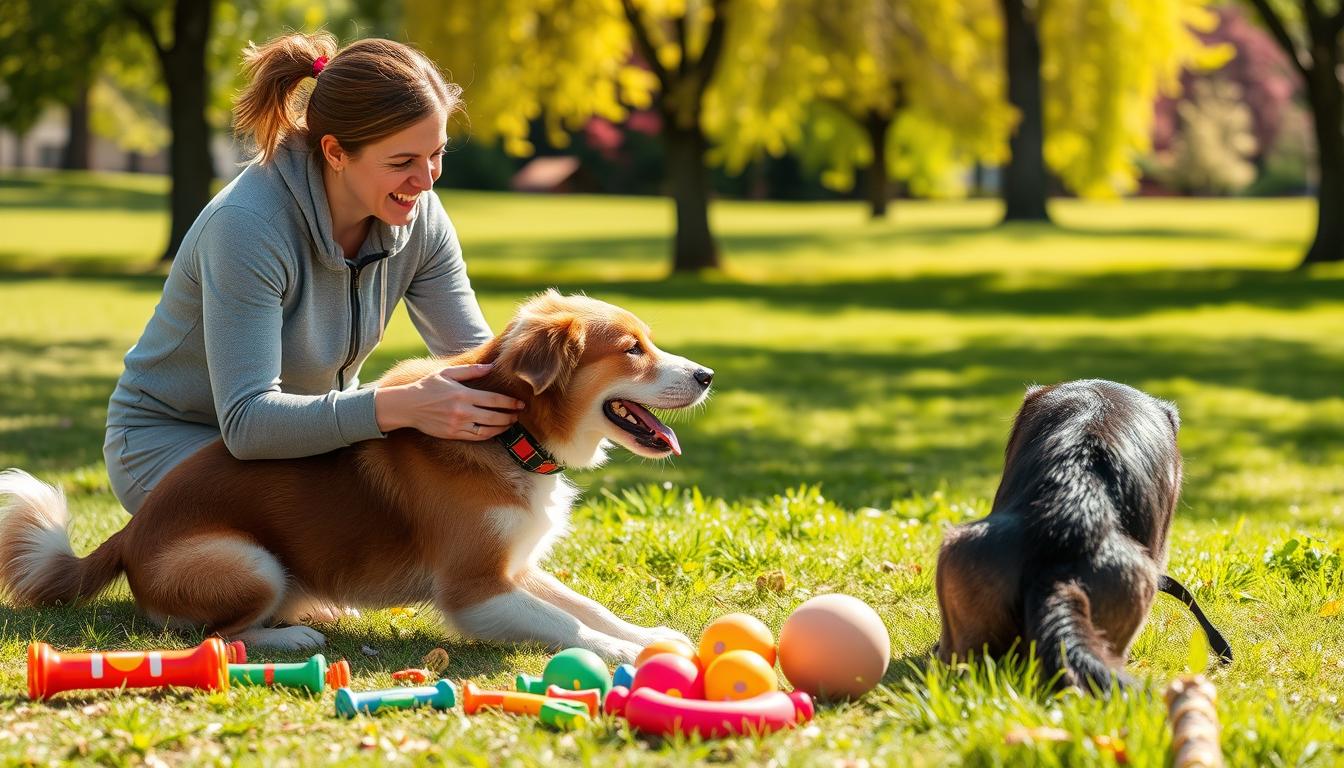 Frau trainiert zwei Hunde mit buntem Spielzeug in einem sonnigen Park