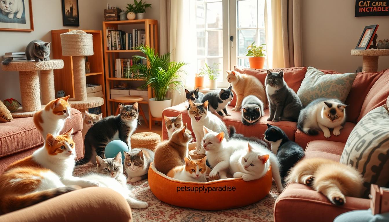 Mehrere Katzen in einem gemütlichen Wohnzimmer, ideal für die Auswahl der richtigen Katze für Ihr Zuhause.