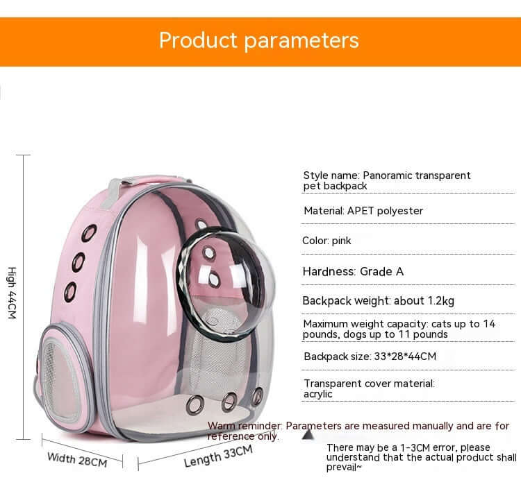 Panoramic pink pet backpack for dogs and cats, transparent design, dimensions 33x28x44cm, made of APET polyester and acrylic.