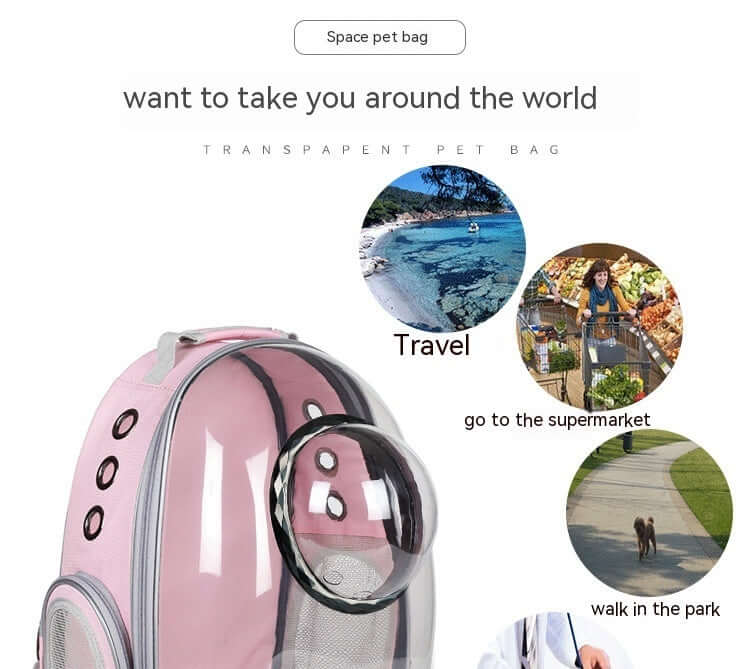 Pink transparent pet travel backpack with bubble window, ideal for trips to the supermarket, park, or travel adventures.