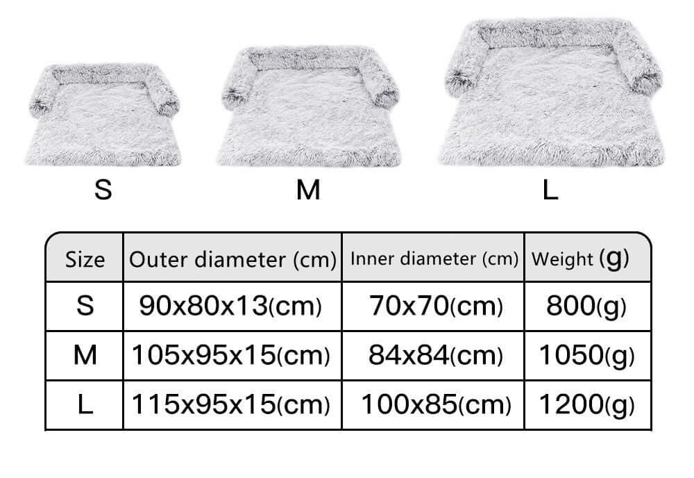 Size chart for the Abnehmbares Plüsch Haustier Hundebett showing dimensions and weights for sizes S, M, and L.