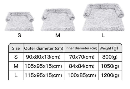 Size chart for the Abnehmbares Plüsch Haustier Hundebett showing dimensions and weights for sizes S, M, and L.