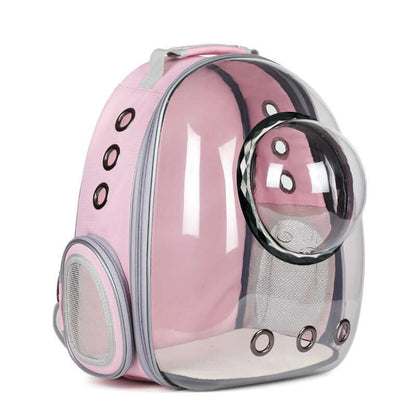 Pink transparent pet travel backpack with ventilation holes for comfortable transport of dogs and cats.