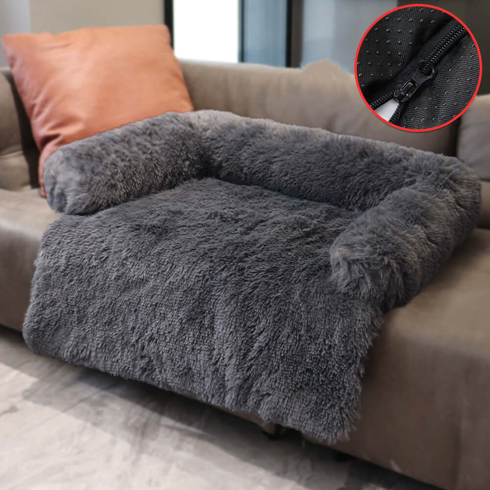 Cozy removable plush pet dog bed on a couch, featuring a detachable and washable cover for warmth and comfort during winter.